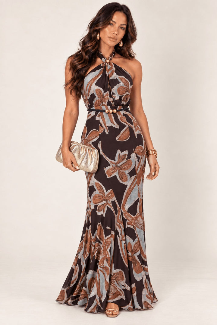 Brown Abstract Floral Belted Halter Maxi Dress - STYLED BY ALX COUTUREDresses