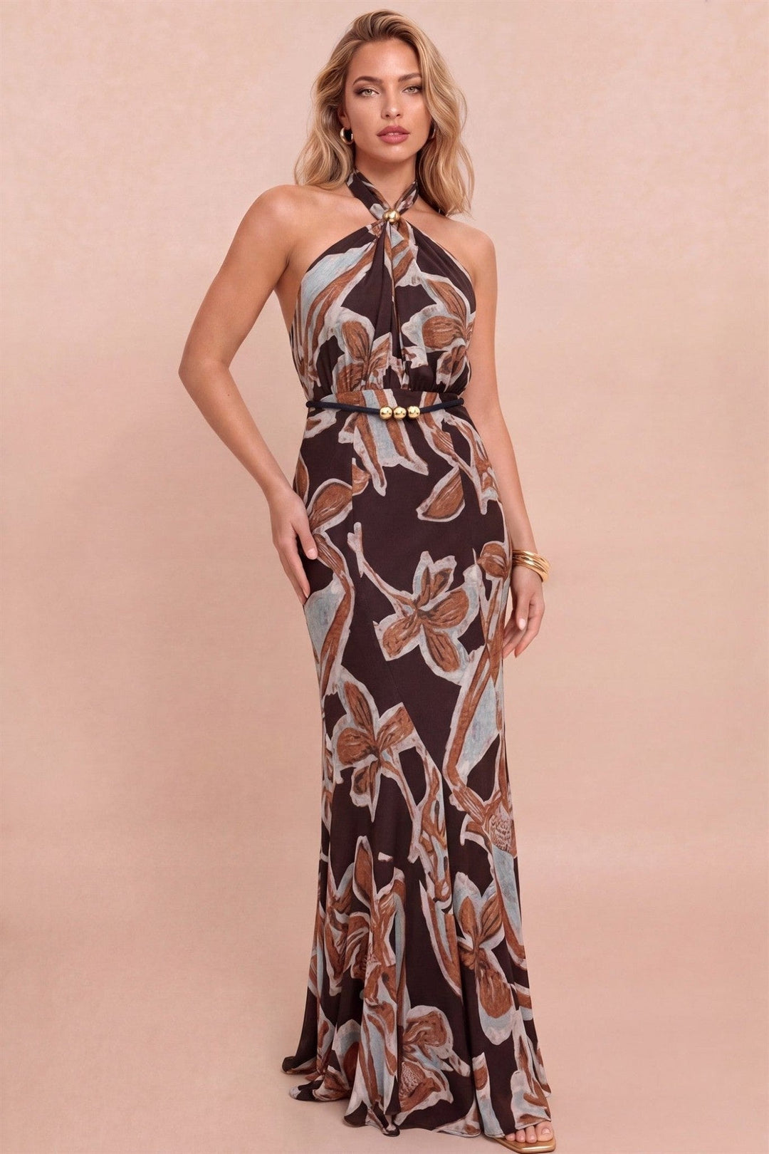 Brown Abstract Floral Belted Halter Maxi Dress - STYLED BY ALX COUTUREDresses