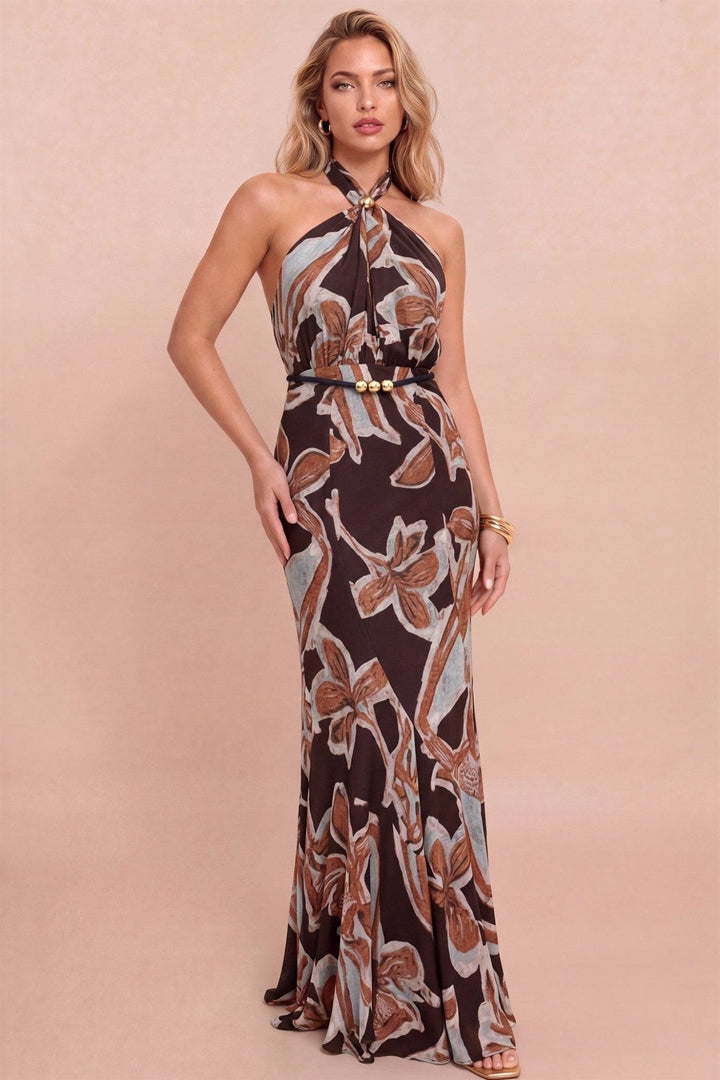 Brown Abstract Floral Belted Halter Maxi Dress - STYLED BY ALX COUTUREDresses