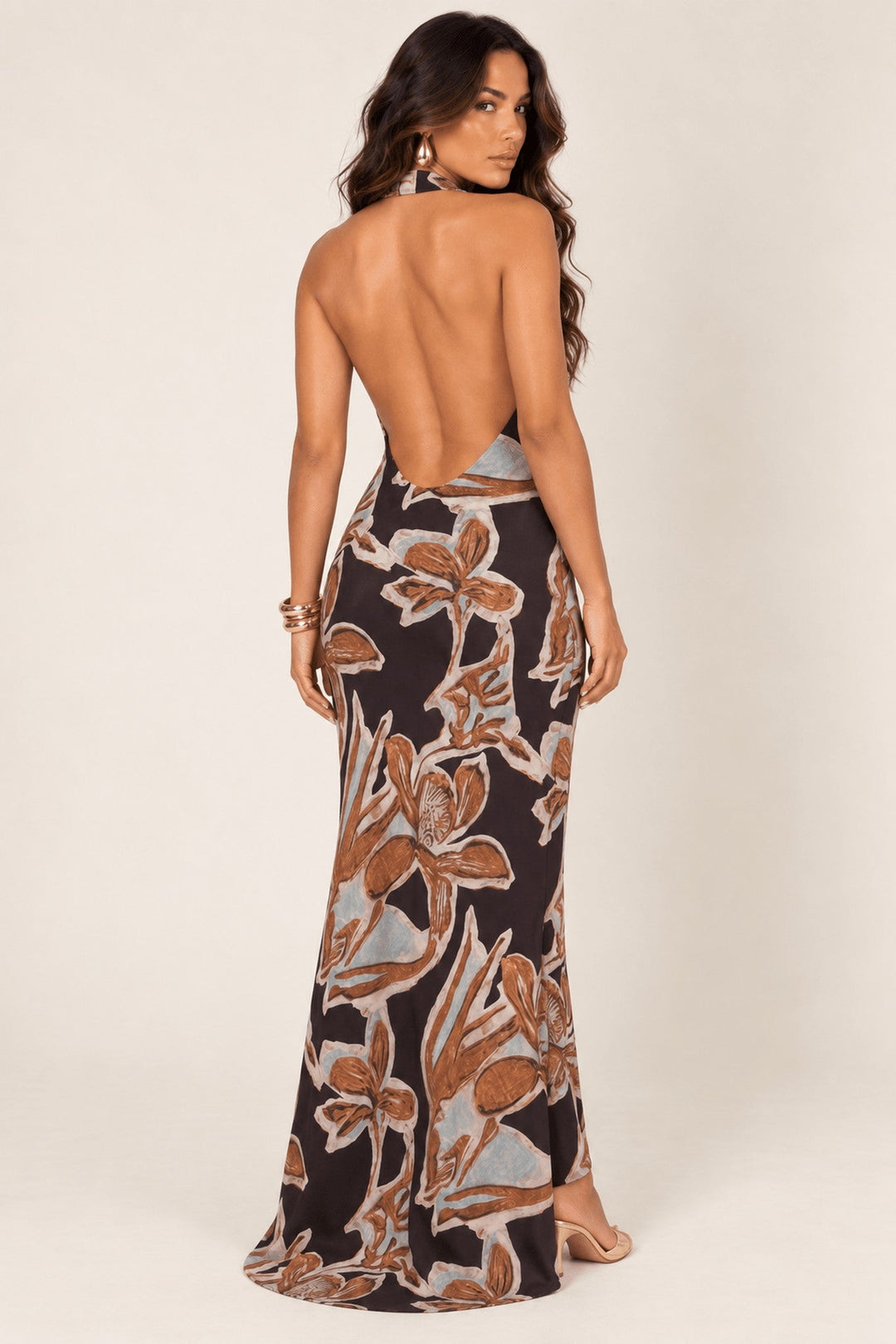 Brown Abstract Floral Cowl Halter Maxi Dress - STYLED BY ALX COUTUREDresses