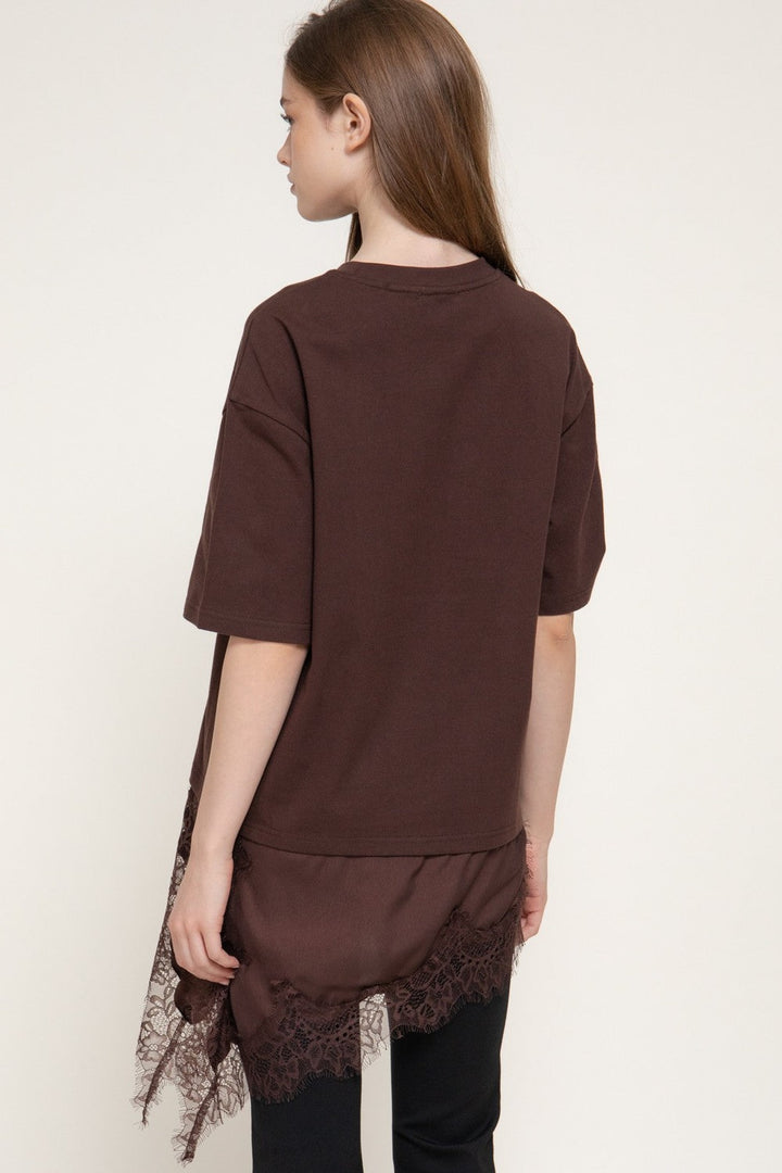 Brown lace trim knit tee, back view