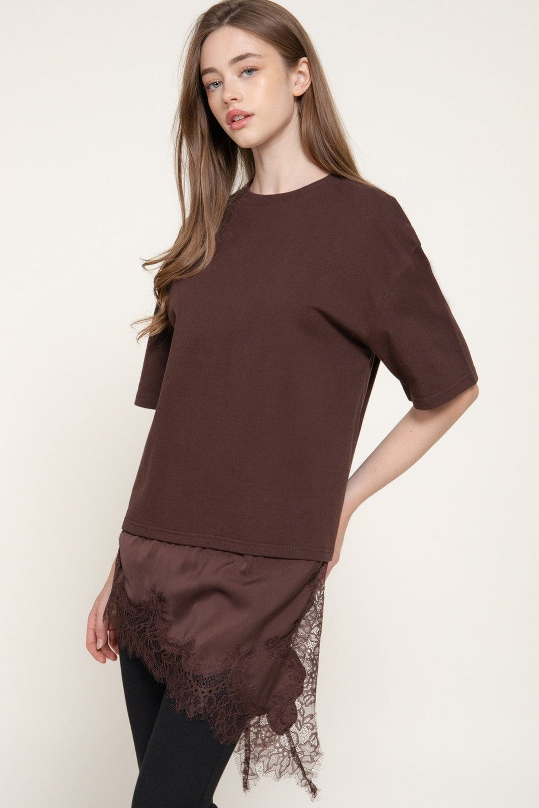 Brown Asymmetric Hem Lace Trim Knit Tee - STYLED BY ALX COUTURETops