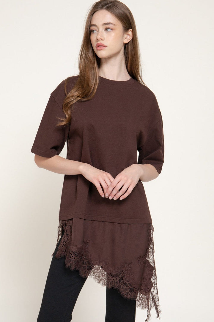 Brown Asymmetric Hem Lace Trim Knit Tee - STYLED BY ALX COUTURETops
