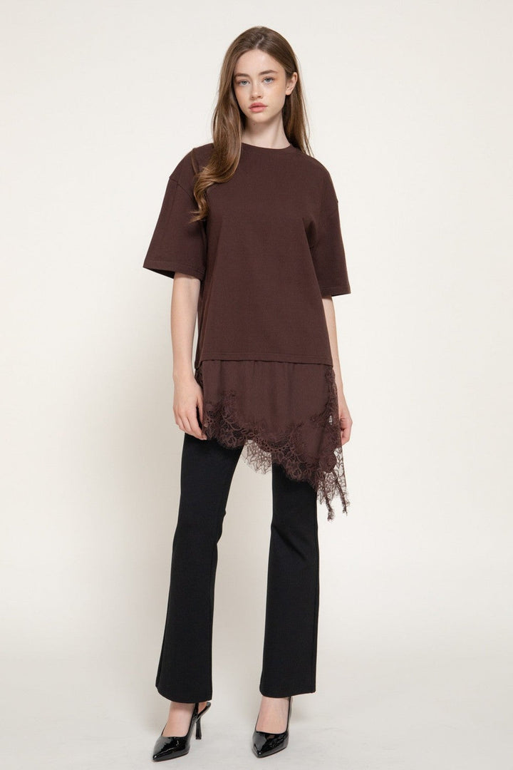 Brown Asymmetric Hem Lace Trim Knit Tee - STYLED BY ALX COUTURETops