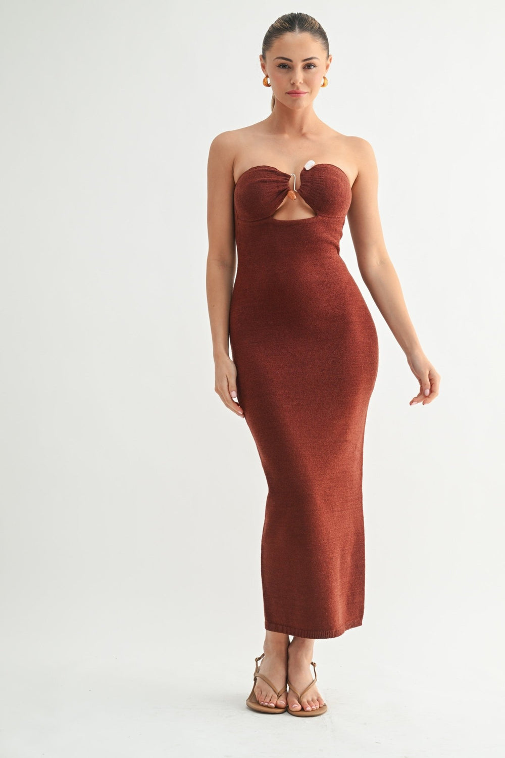 Brown Beaded Strapless Midi Dress - STYLED BY ALX COUTUREDresses