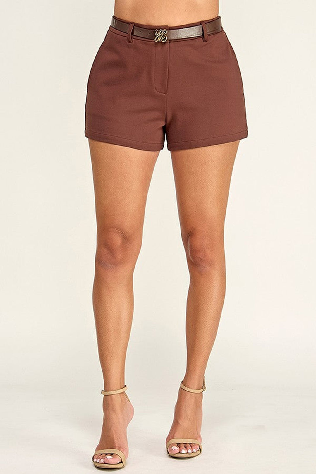 Brown belted shorts with slim belt and belt loops, front view