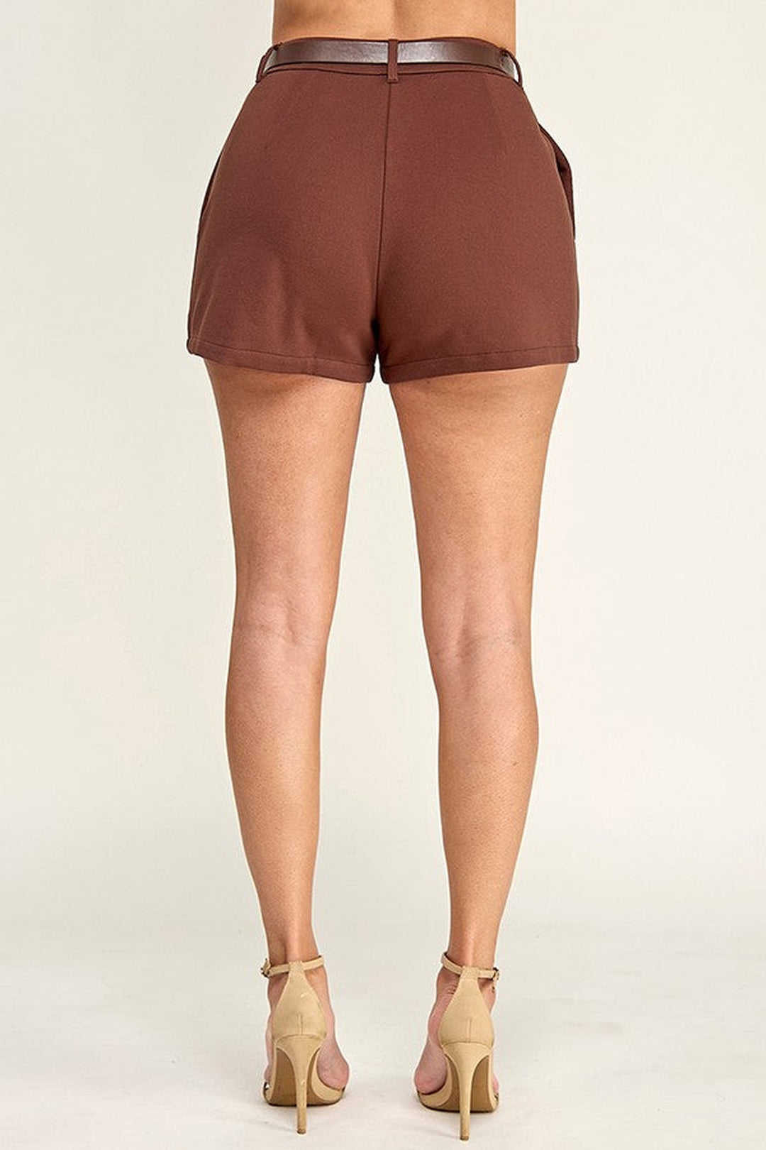 Brown belted shorts, back view