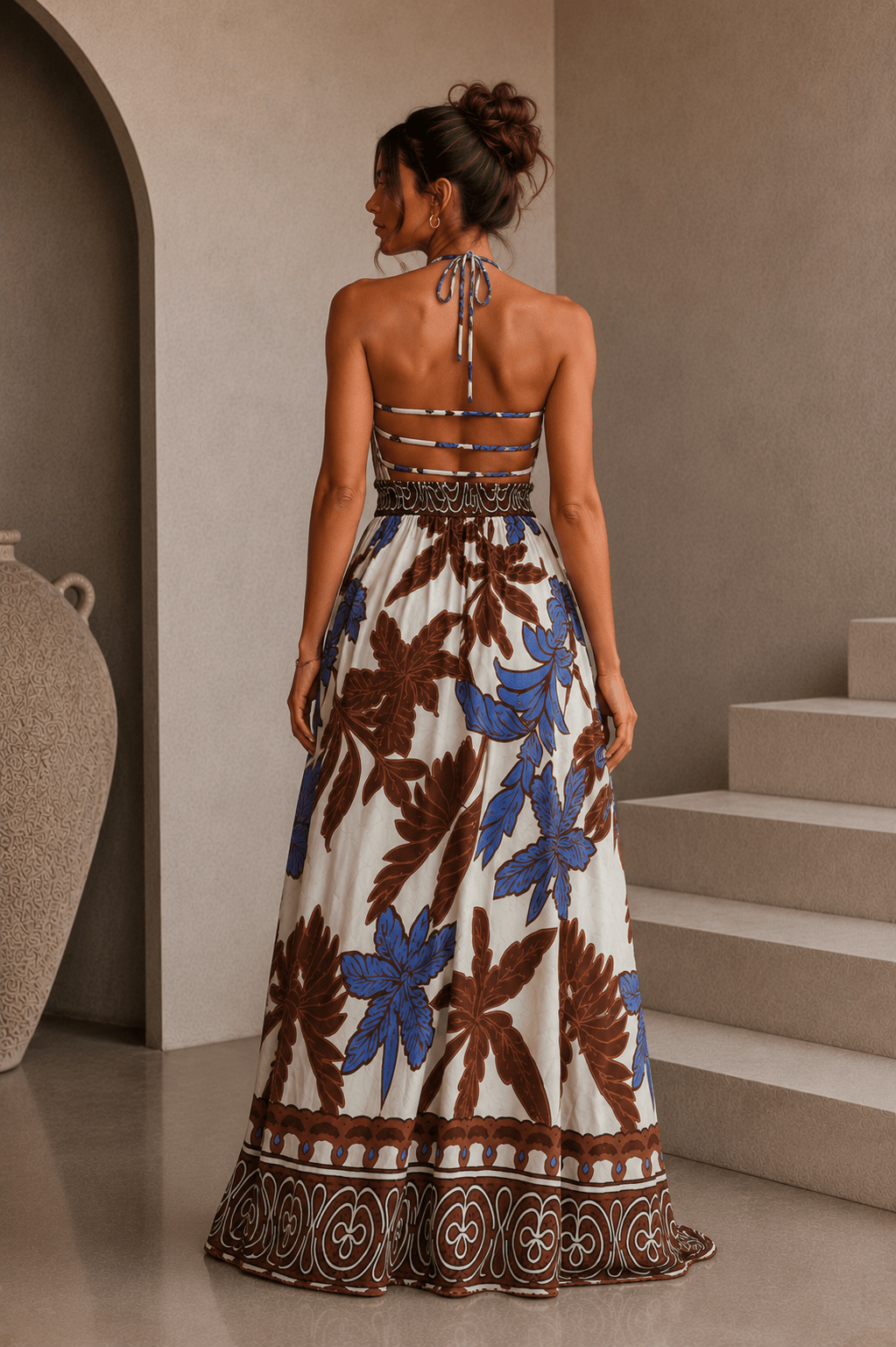 Brown & Blue Palm Print Maxi Dress - STYLED BY ALX COUTUREDresses