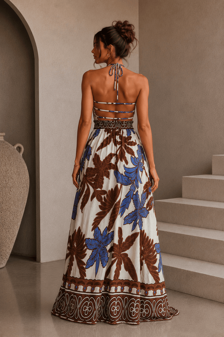 Brown & Blue Palm Print Maxi Dress - STYLED BY ALX COUTUREDresses