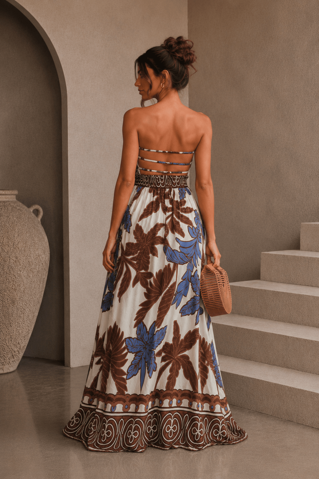 Brown & Blue Palm Print Maxi Dress - STYLED BY ALX COUTUREDresses