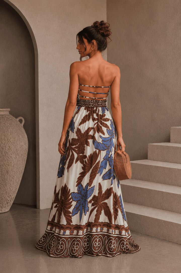Brown & Blue Palm Print Maxi Dress - STYLED BY ALX COUTUREDresses
