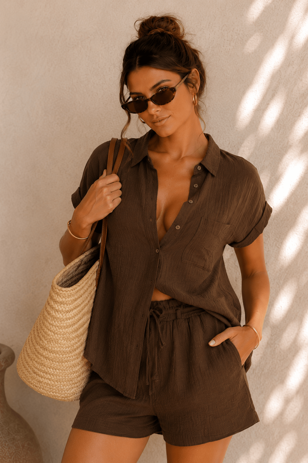 Brown Button Down Shorts Set - STYLED BY ALX COUTUREOutfit Sets