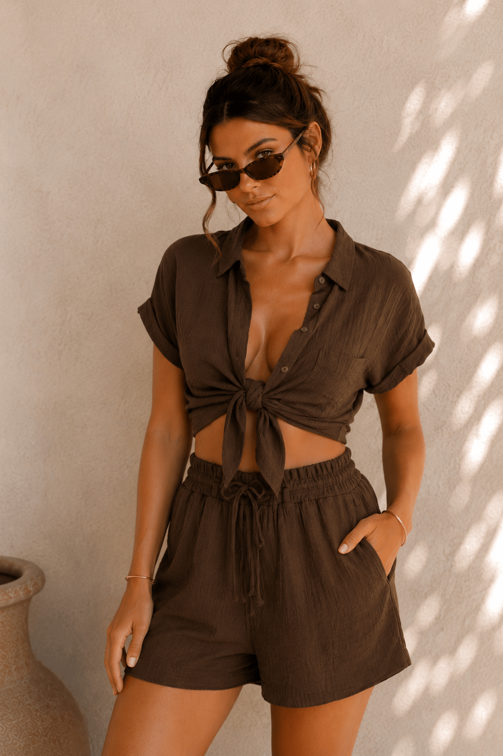 Brown Button Down Shorts Set - STYLED BY ALX COUTUREOutfit Sets