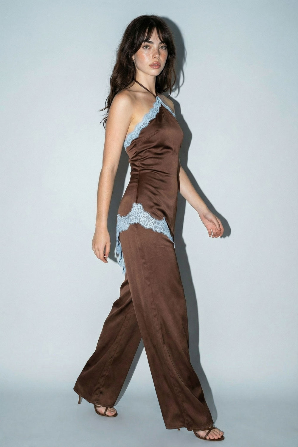 Brown contrast lace trim satin halter jumpsuit, walking