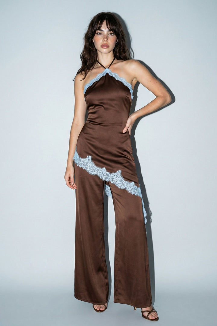 Brown satin halter jumpsuit with lace trim, three-quarter view