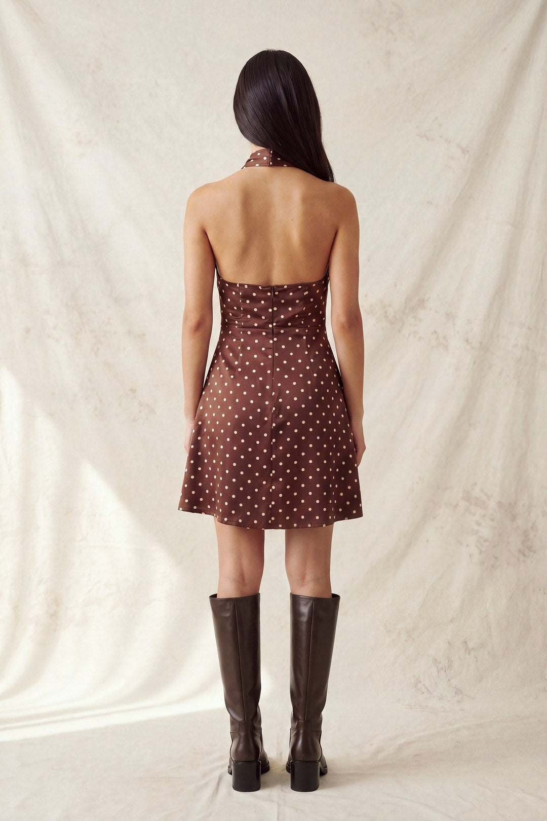Brown Cream Polka Dot Satin Halter Neck Scarf Mini Dress - STYLED BY ALX COUTUREDresses