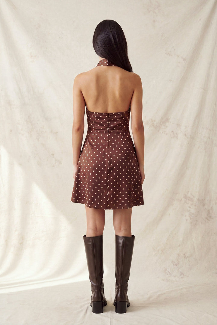 Brown Cream Polka Dot Satin Halter Neck Scarf Mini Dress - STYLED BY ALX COUTUREDresses