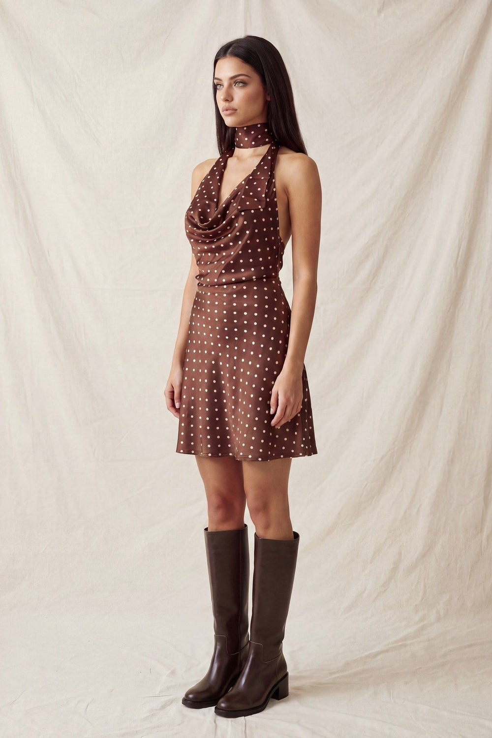 Brown Cream Polka Dot Satin Halter Neck Scarf Mini Dress - STYLED BY ALX COUTUREDresses