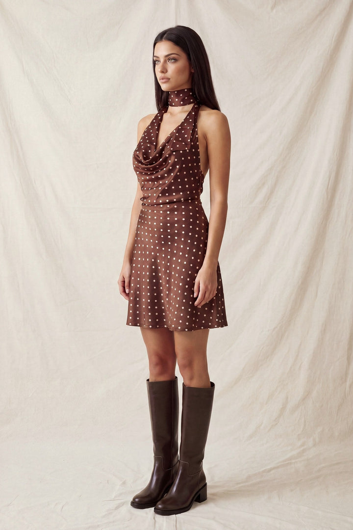 Brown Cream Polka Dot Satin Halter Neck Scarf Mini Dress - STYLED BY ALX COUTUREDresses