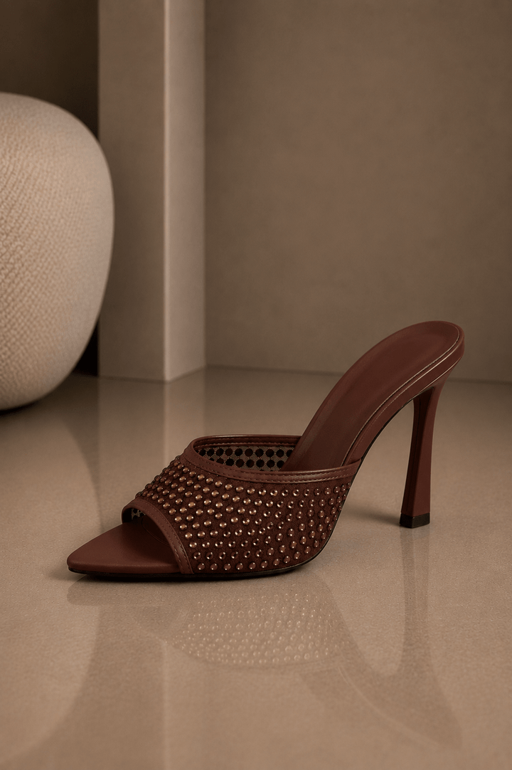 Brown Crystal Pointed - Toe Mesh Mules - STYLED BY ALX COUTURESHOES