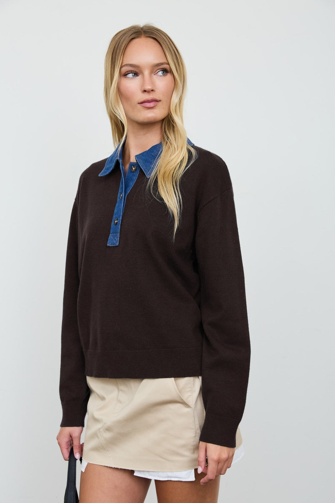 Brown Denim Collar Polo Pullover - STYLED BY ALX COUTURESweaters