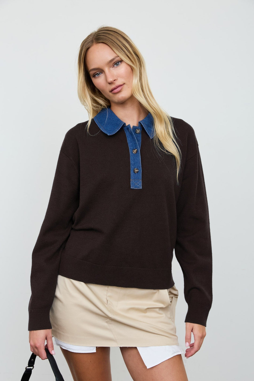 Brown Denim Collar Polo Pullover - STYLED BY ALX COUTURESweaters