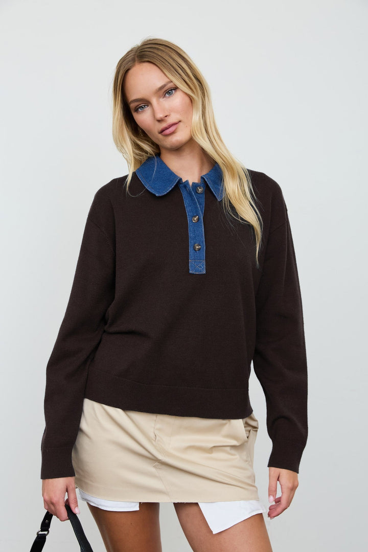 Brown Denim Collar Polo Pullover - STYLED BY ALX COUTURESweaters