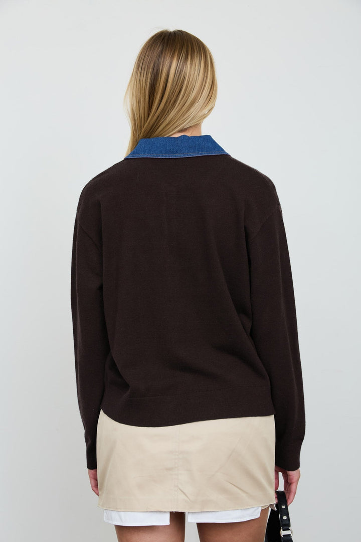 Brown Denim Collar Polo Pullover - STYLED BY ALX COUTURESweaters