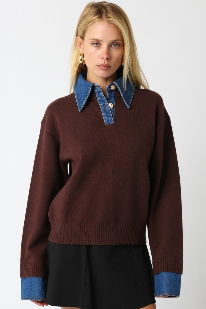 Brown Denim Triana Layered Collar Knit Sweater - STYLED BY ALX COUTURESweaters