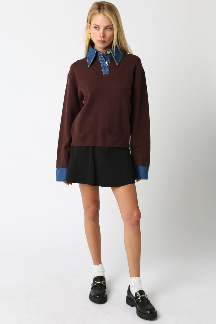 Brown Denim Triana Layered Collar Knit Sweater - STYLED BY ALX COUTURESweaters