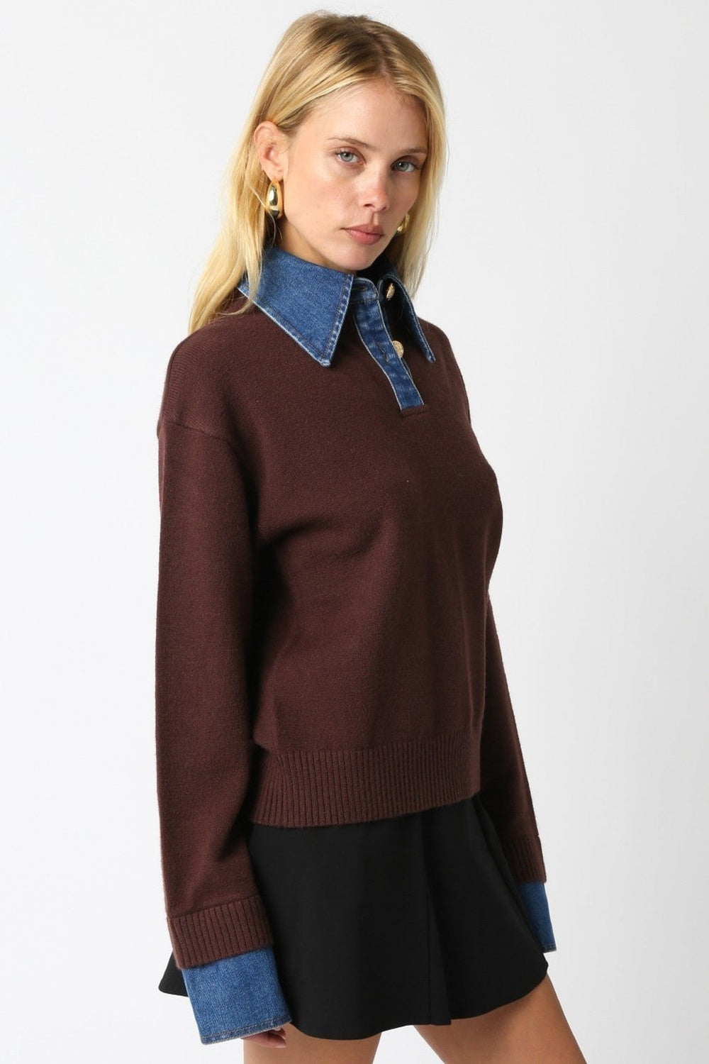 Brown Denim Triana Layered Collar Knit Sweater - STYLED BY ALX COUTURESweaters