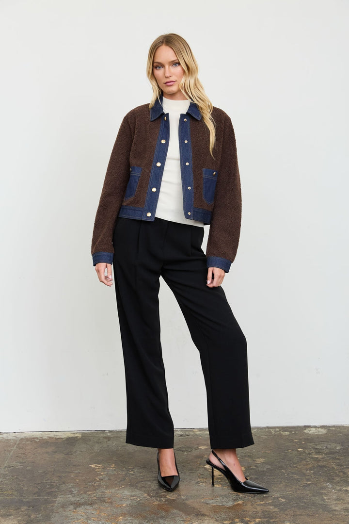 Brown Denim Trim Sherpa Cropped Jacket - STYLED BY ALX COUTUREBlazer &amp; Jackets