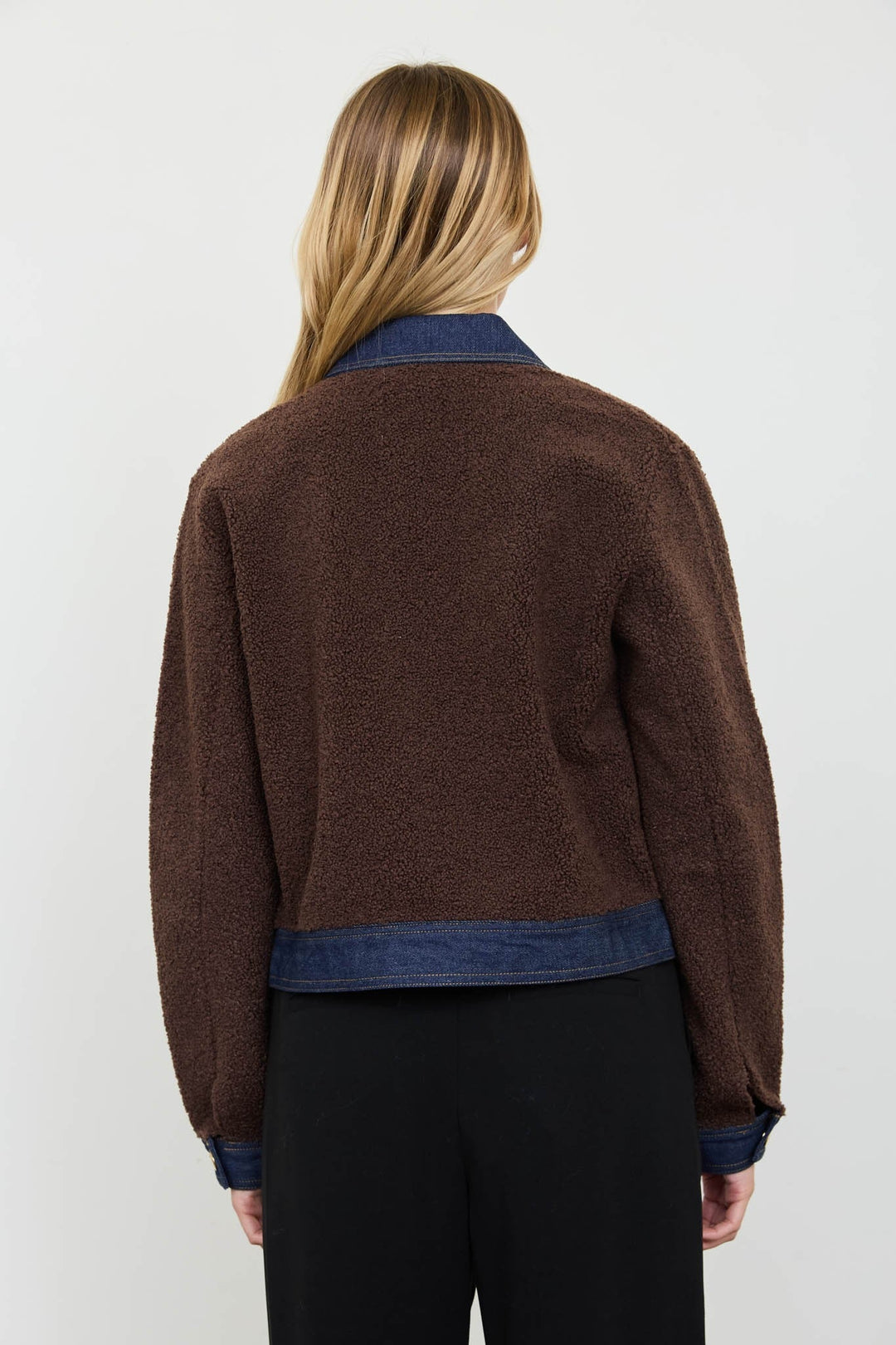Brown Denim Trim Sherpa Cropped Jacket - STYLED BY ALX COUTUREBlazer &amp; Jackets