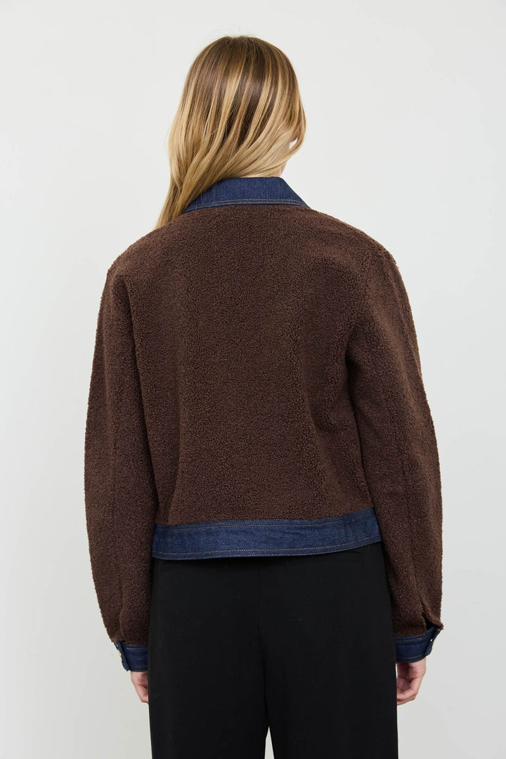 Brown Denim Trim Sherpa Cropped Jacket - STYLED BY ALX COUTUREBlazer &amp; Jackets
