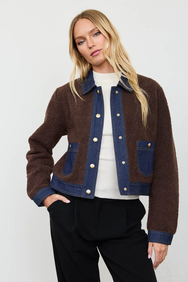 Brown Denim Trim Sherpa Cropped Jacket - STYLED BY ALX COUTUREBlazer &amp; Jackets