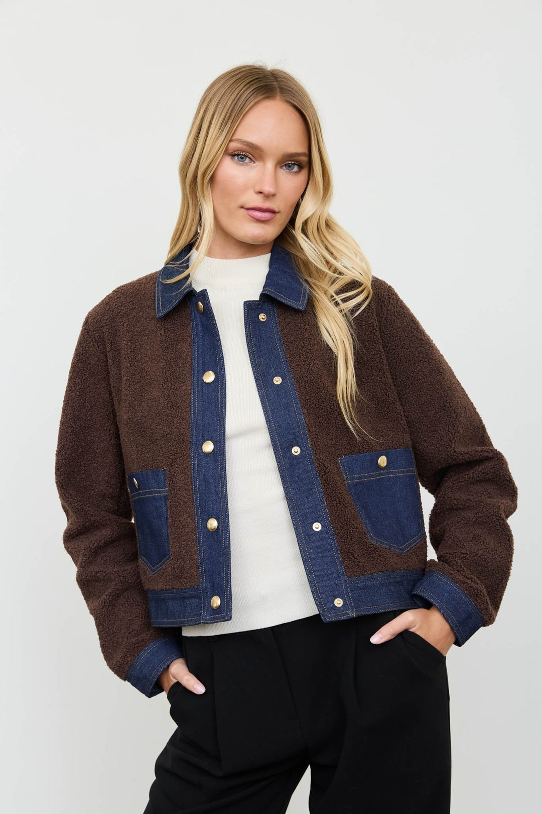 Brown Denim Trim Sherpa Cropped Jacket - STYLED BY ALX COUTUREBlazer &amp; Jackets