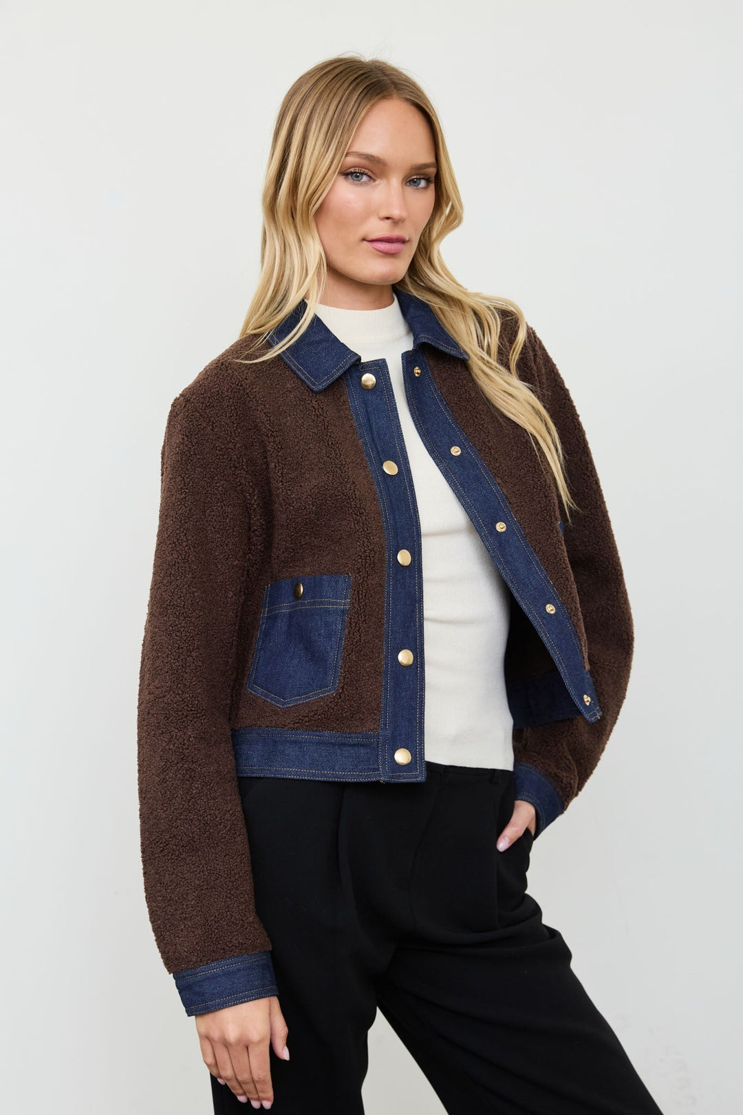 Brown Denim Trim Sherpa Cropped Jacket - STYLED BY ALX COUTUREBlazer &amp; Jackets