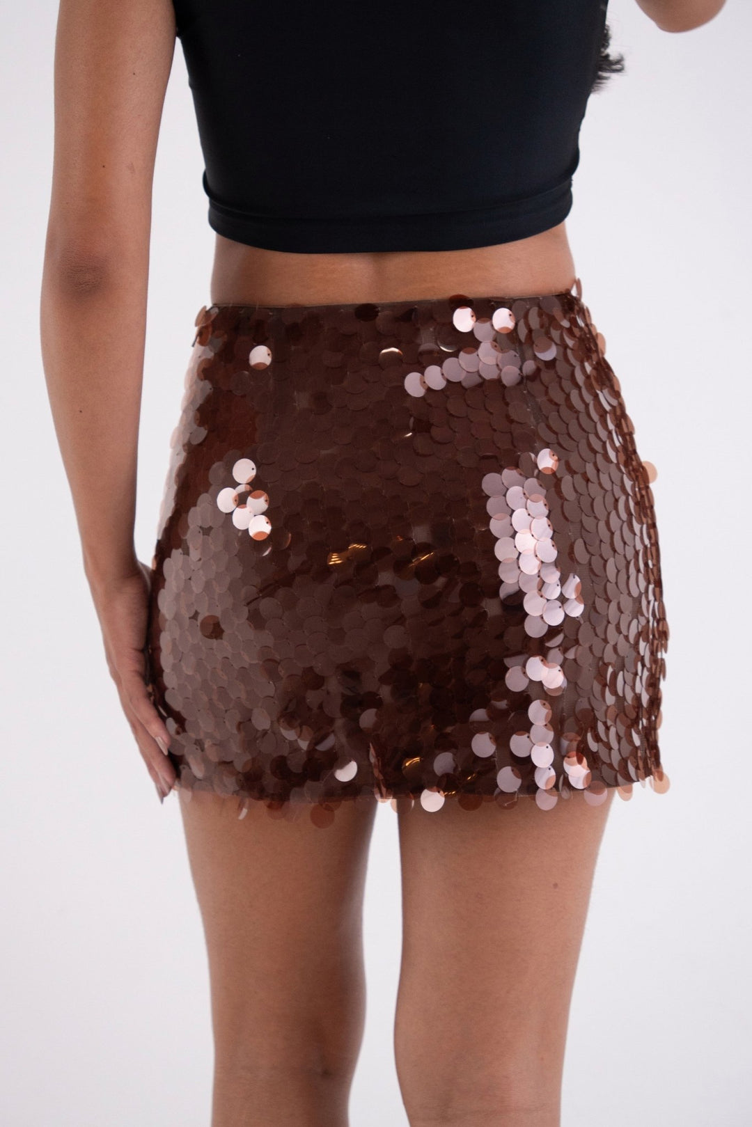 Brown Disc Sequin Mini Skirt - STYLED BY ALX COUTURESkirts