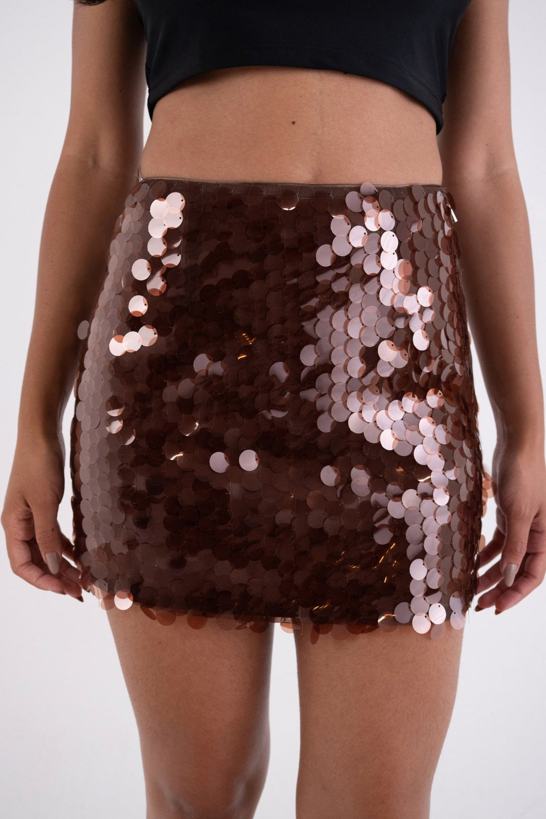 Brown Disc Sequin Mini Skirt - STYLED BY ALX COUTURESkirts