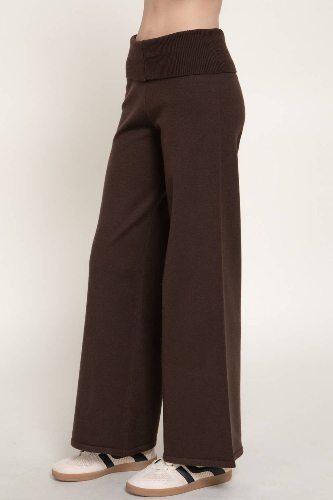 Front view of the brown fold over waist knit pants, a Thanksgiving weekend look