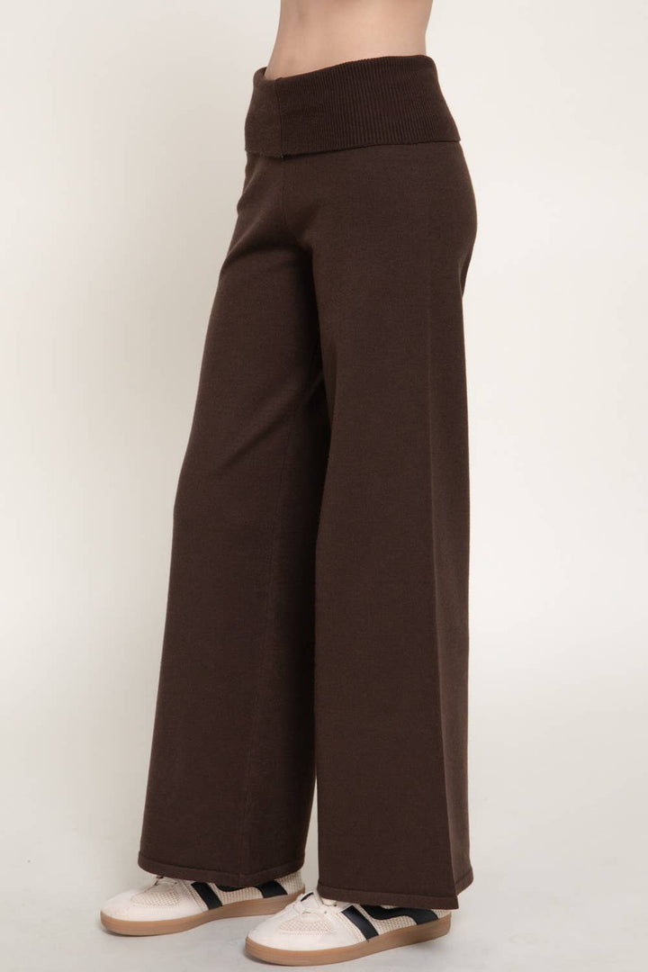 Front view of the brown fold over waist knit pants, a Thanksgiving weekend look
