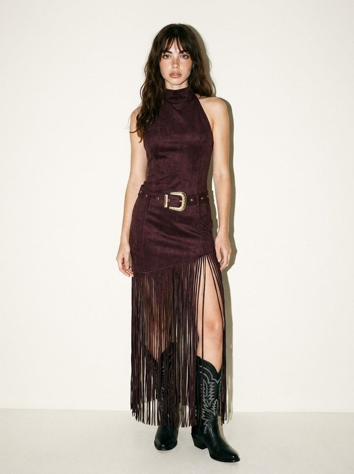 Brown Fringe Buckle Halter Dress - STYLED BY ALX COUTUREDresses