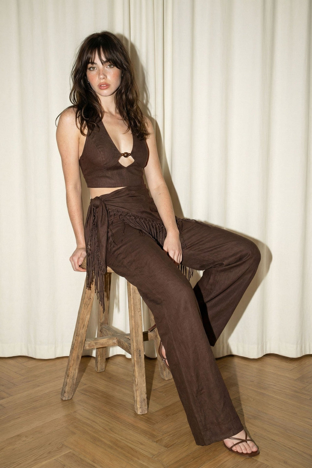 Brown Fringe Wrap Three Piece Top Pants and Scarf Set - STYLED BY ALX COUTUREOutfit Sets