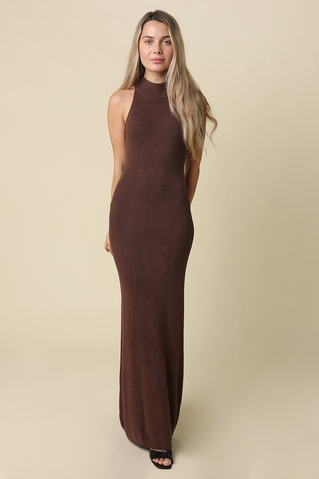 Brown Halter Knit Maxi Dress - STYLED BY ALX COUTUREDresses