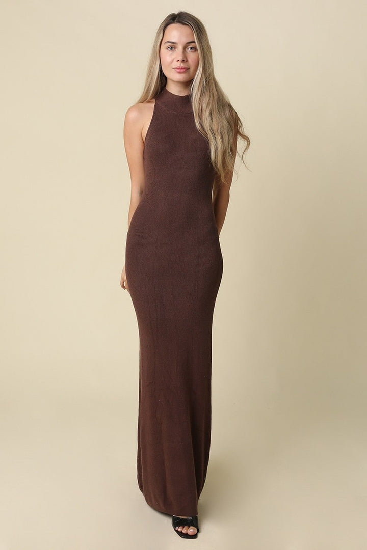 Brown Halter Knit Maxi Dress - STYLED BY ALX COUTUREDresses