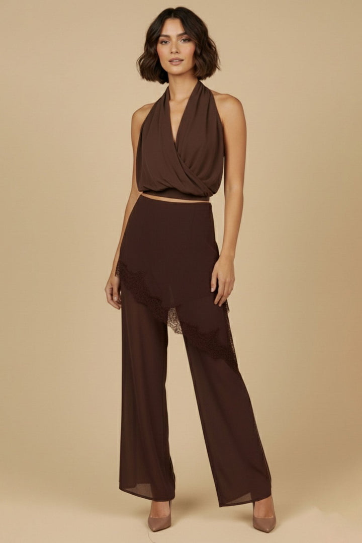 Three-quarter view of the brown halter top and lace trim wide-leg pants set, a fall dinner outfit