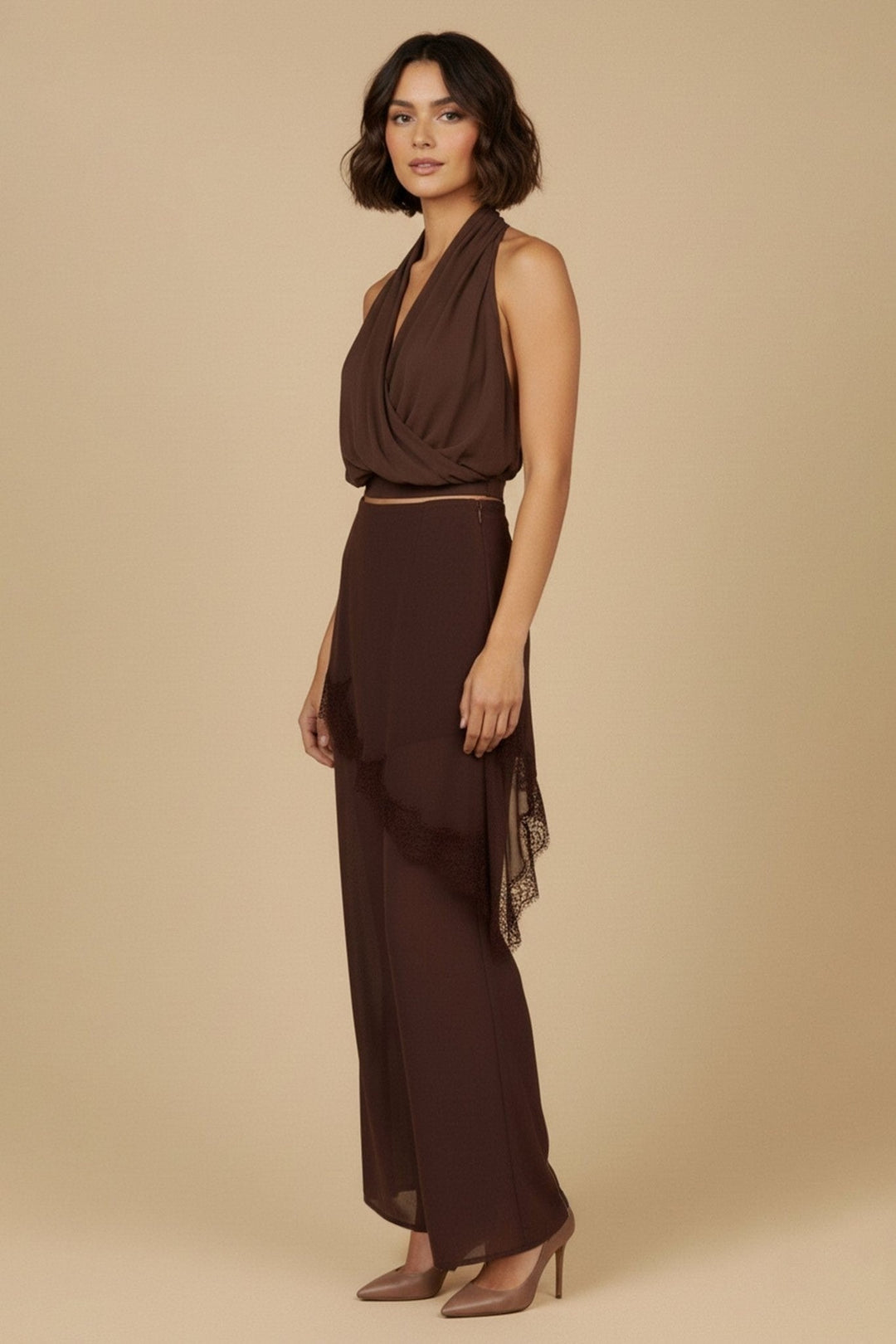 Brown Halter Lace Pants Set - STYLED BY ALX COUTUREOutfit Sets