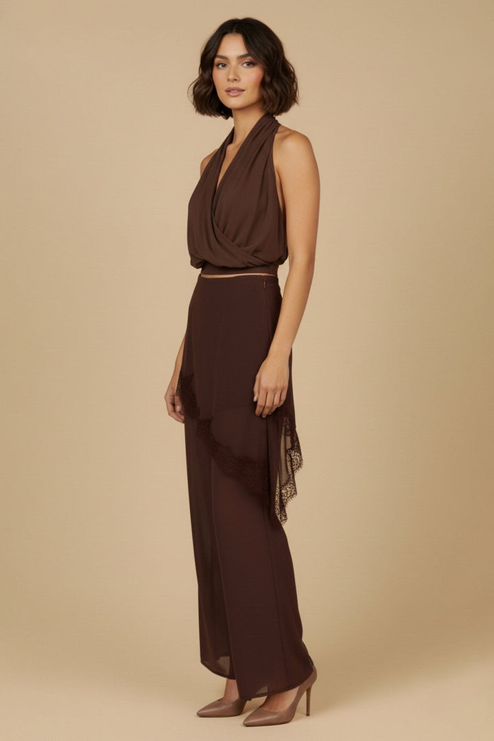 Side view of the brown draped halter top and lace trim pants set with nude heels