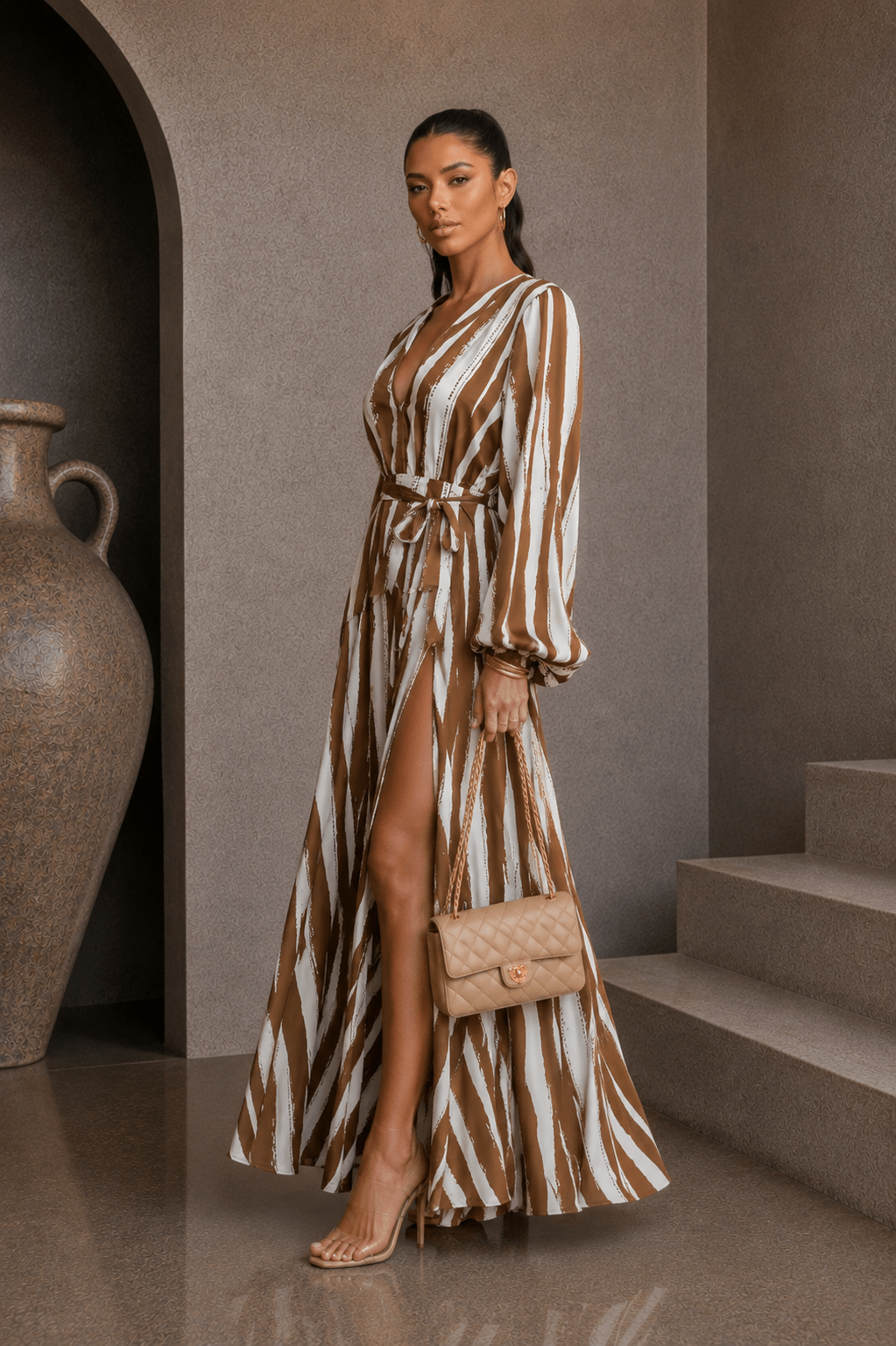 Brown & Ivory Striped Maxi Dress - STYLED BY ALX COUTUREDresses
