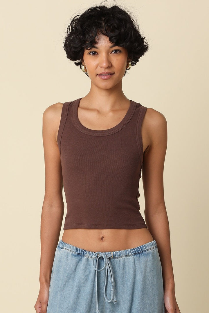 Brown Jane ribbed scoop neck crop tank, front view